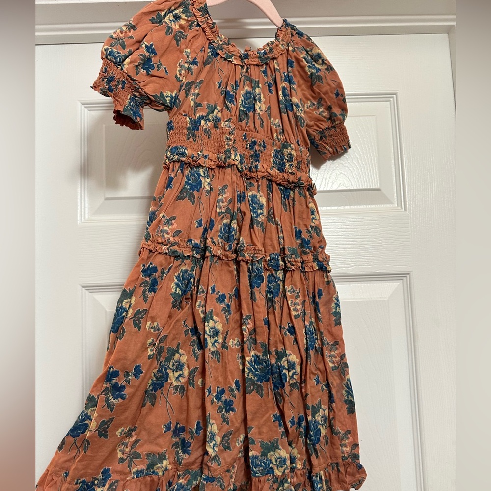 Ivy City Co Rust Floral Cotton Tiered Dress with Blue Floral Print